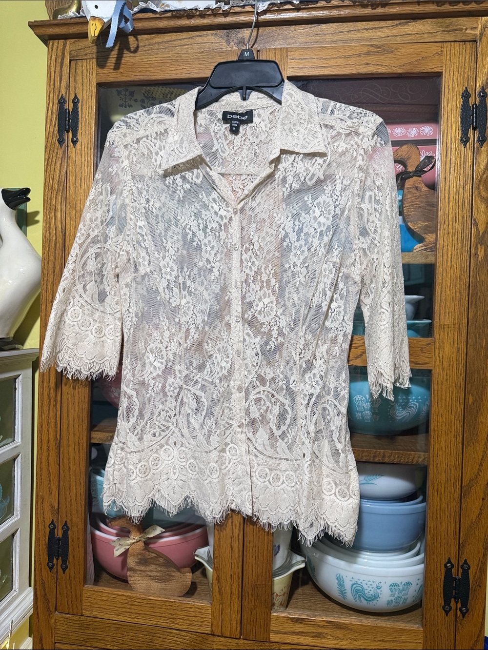 bebe Cream Lace Button-Front Blouse